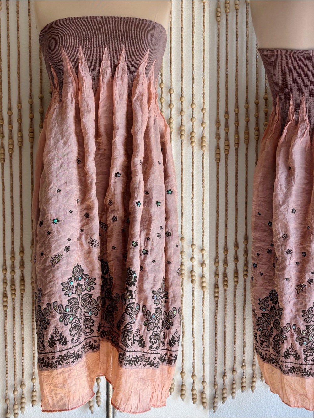 Y2K Lapis Boho Fairy Peach Brown Sequin Embroidered Strapless Summer Flowy Dress